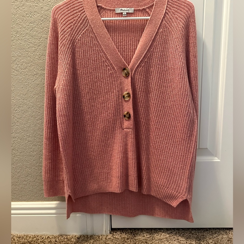 Madewell small pink 1/3 button up V Neck sweater